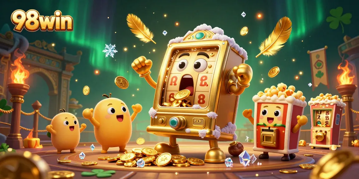 Experience the excitement of 98win with animated slot machines celebrating jackpots amidst golden coins and dynamic casino elements.