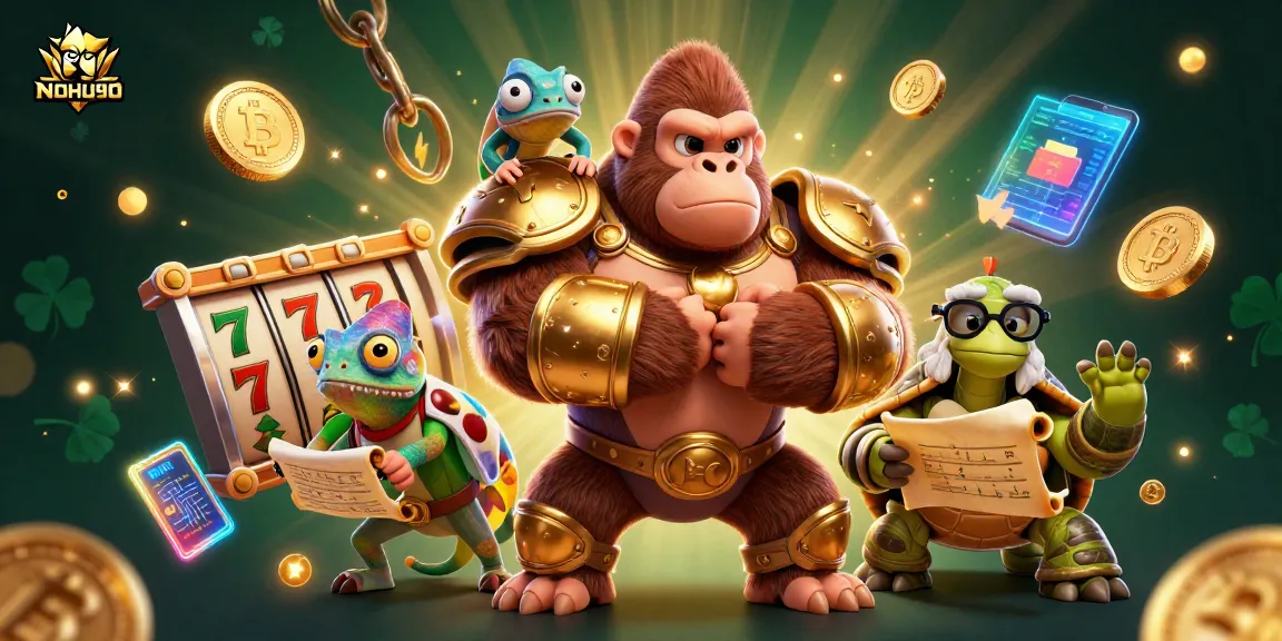 Engage with the dynamic NOHU90 casino scene featuring a gorilla king, chameleon, and tortoise amidst vibrant slot game elements.
