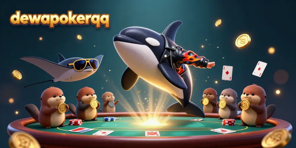 Dewapokerqq invites you into a thrilling poker world with a dynamic, playful illustration featuring poker elements and cartoon characters.