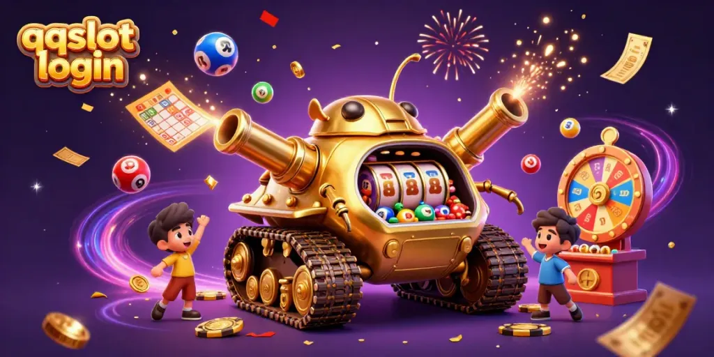 Experience the vibrant qqslot login scene with a golden beetle tank revealing a casino inside.