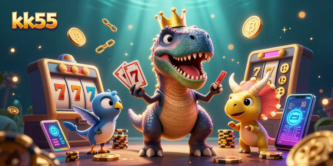 Engage with kk55 as a friendly T-Rex shuffles cards amidst vibrant casino elements, showcasing exciting gameplay.