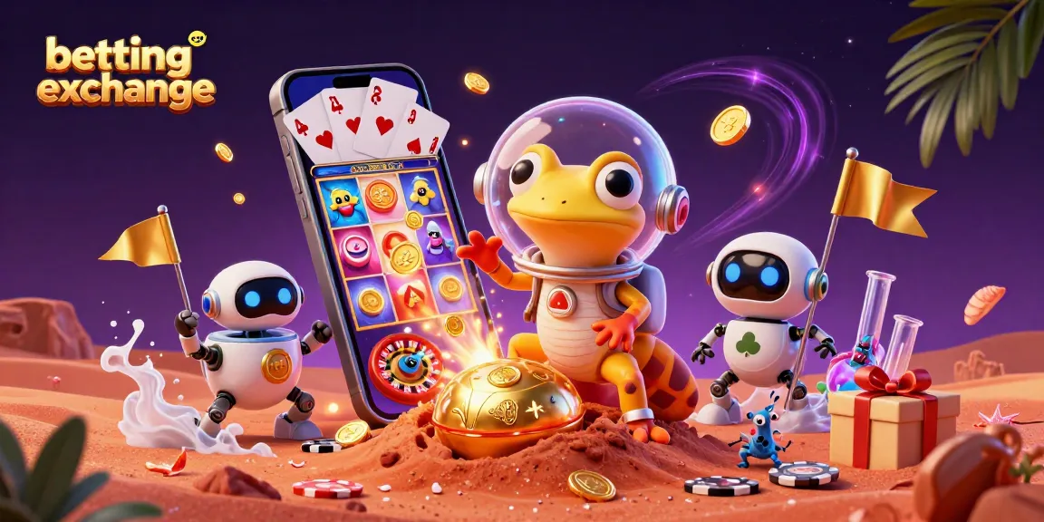 Engage with a vibrant betting exchange scene featuring an illustrated Martian gecko exploring a golden casino.