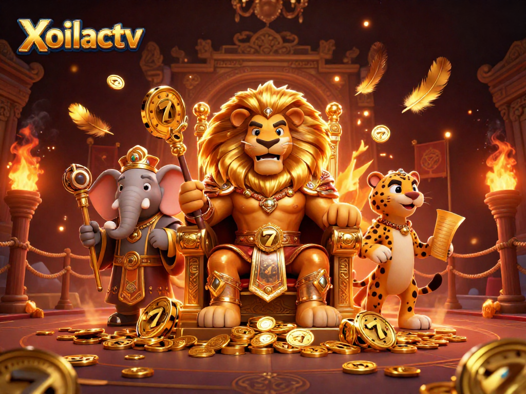 Xoilactv showcases a fierce lion king in a gold coin throne, slot reels, and exciting casino elements.