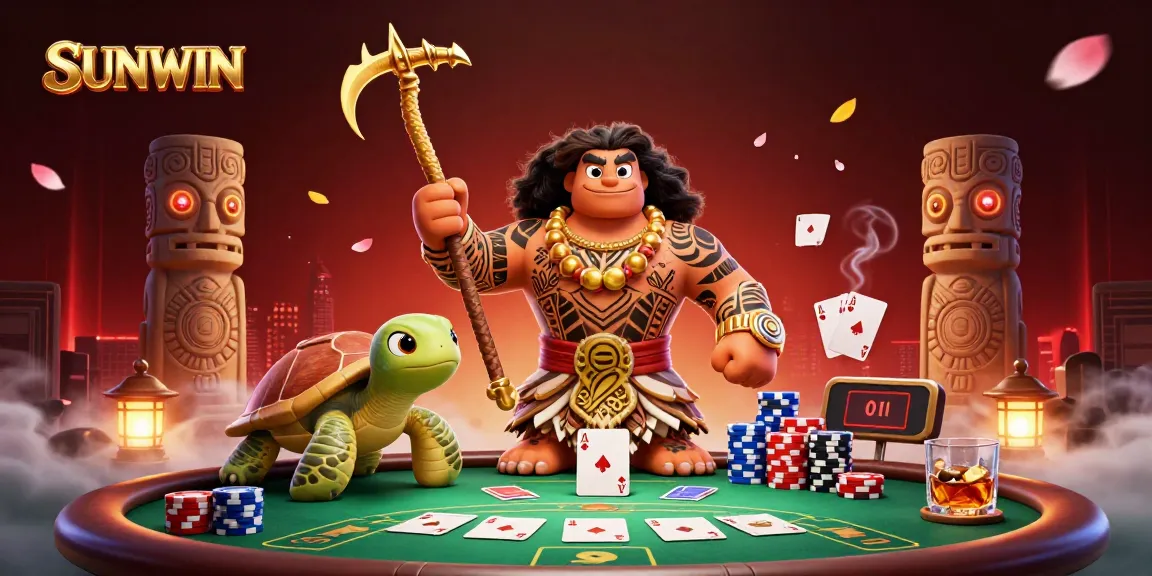 SUNWIN showcases a vibrant gambling scene with cards and chips as the demigod engages in play.