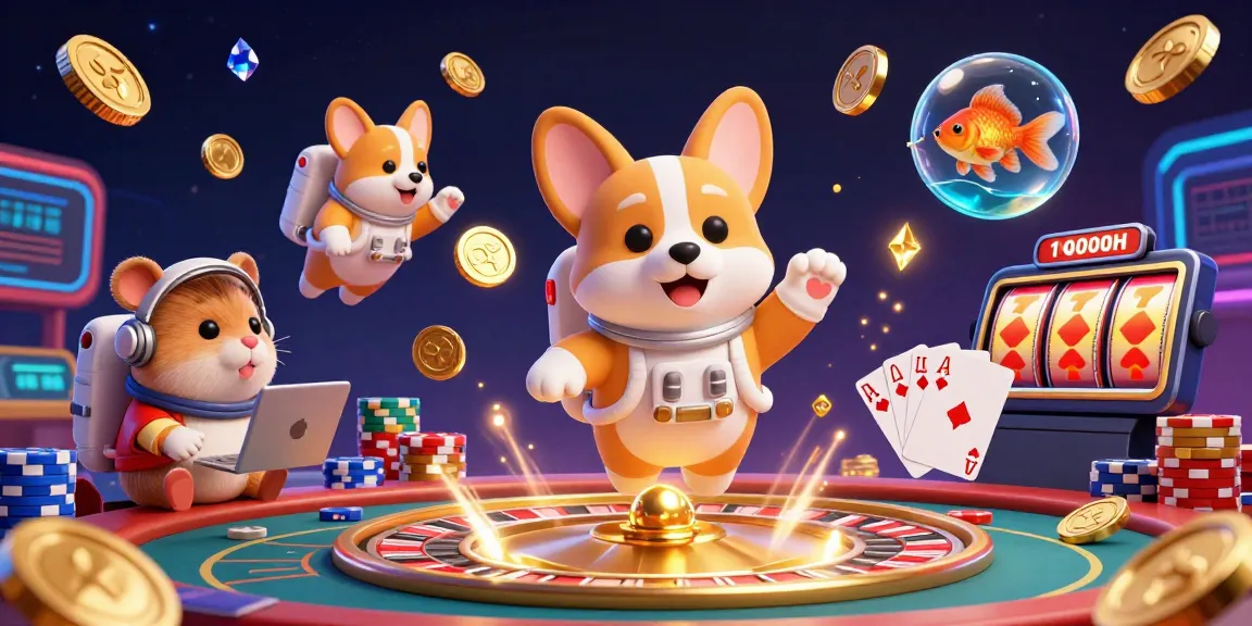 Menangkan slot jackpot dengan corgi astronot di kasino luar angkasa, dikelilingi koin dan kartu berkilau.