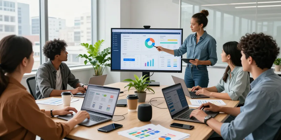 Diverse team collaborating on AI marketing tools in a modern office, showcasing data analytics and creativity.
