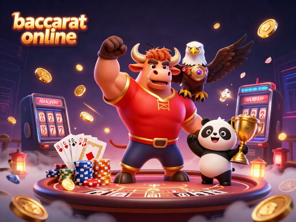 Experience the thrill of baccarat online with a dynamic 3D casino scene featuring festive characters and winning elements.