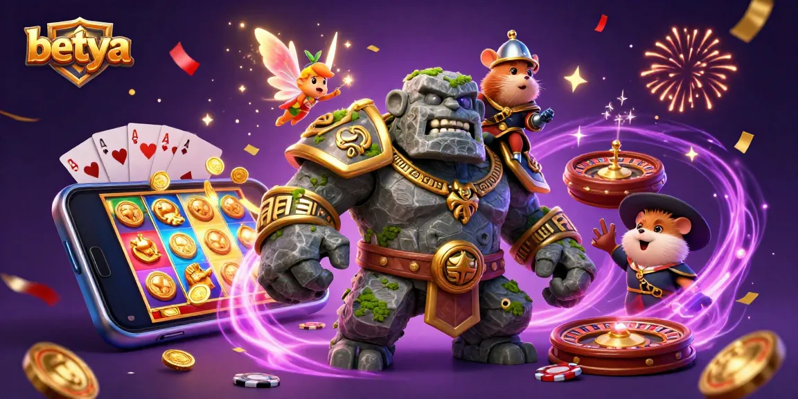 Engage with betya in an immersive 3D casino world featuring vibrant slot games, a fairy, and magical energy.