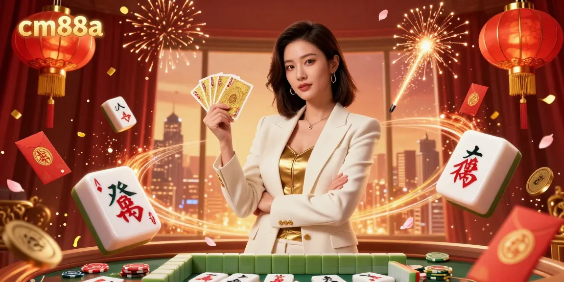 Engage and win with cm88a in this vibrant scene featuring an elegant Asian woman holding golden cards amidst dynamic casino elements.