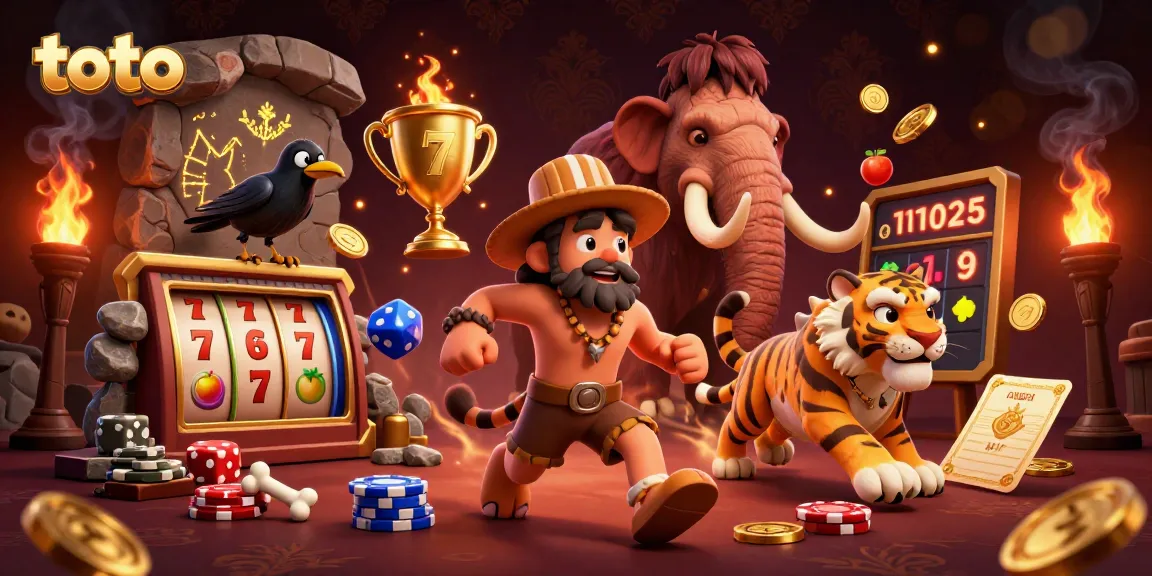 Toto slot game: caveman and sabertooth tiger excitedly managing a prehistoric casino, surrounded by winning symbols.