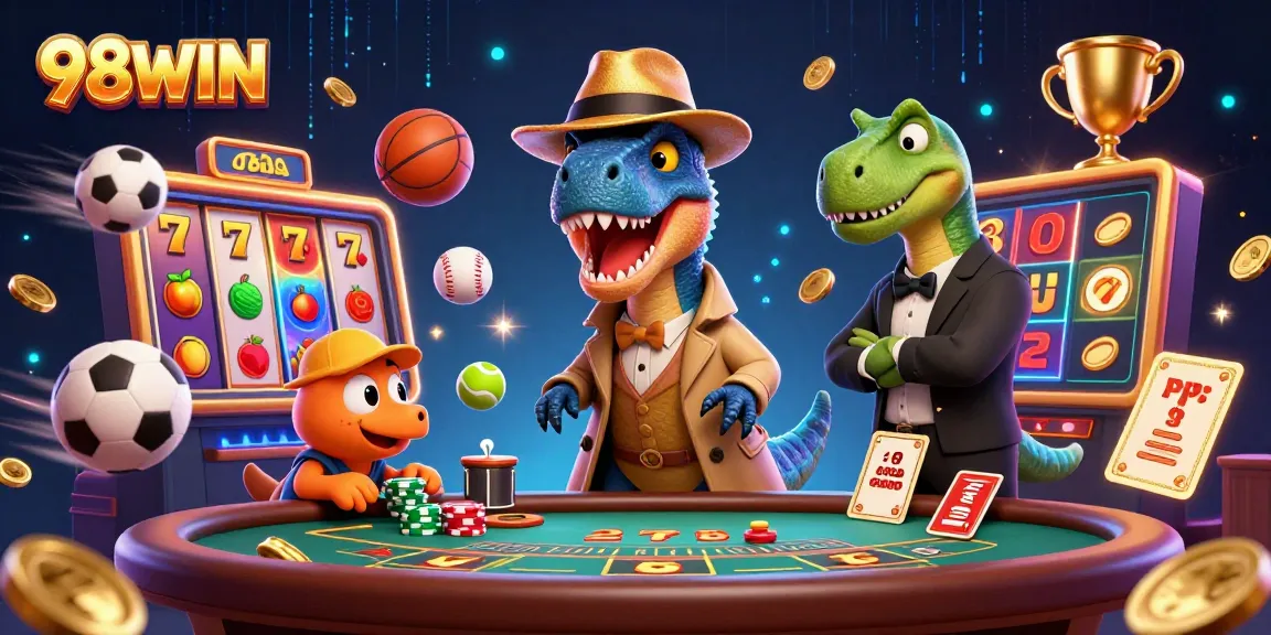 Engage winning strategies at 98WIN with a dynamic casino scene featuring animated characters and slot elements.