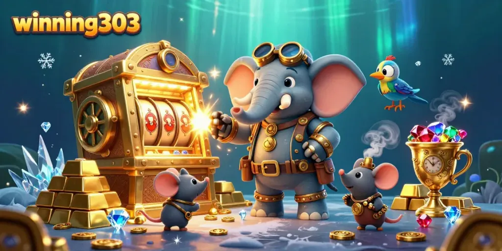 Engage with winning303 for a vibrant gaming experience featuring an elephant engineer at a golden slot machine.