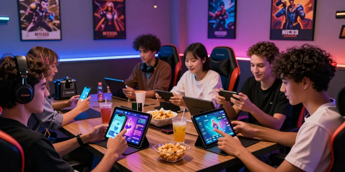 Newtown gaming enthusiasts enjoying mobile gameplay in a vibrant lounge.