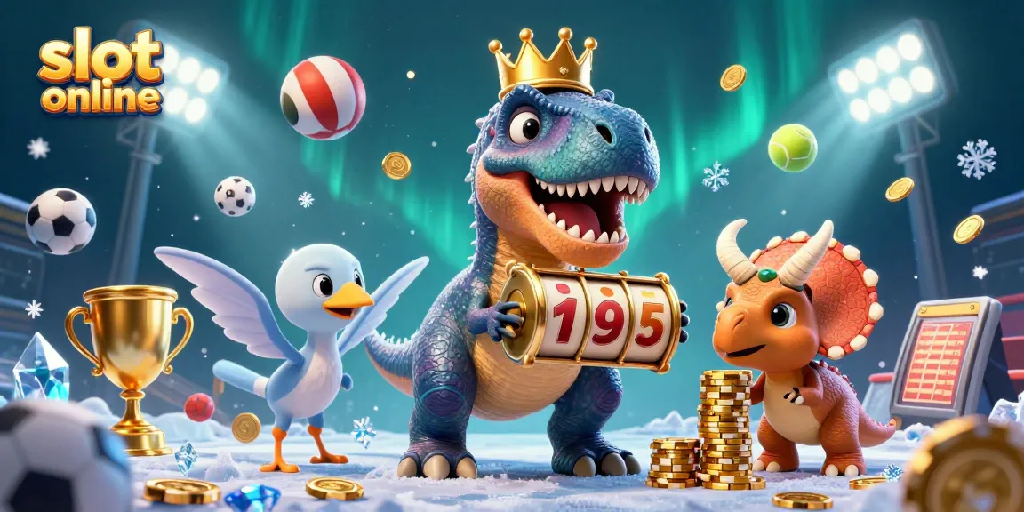 Mainkan slot online dengan T-Rex lucu yang sedang mengacak gulungan di lokasi kasino yang penuh semangat.