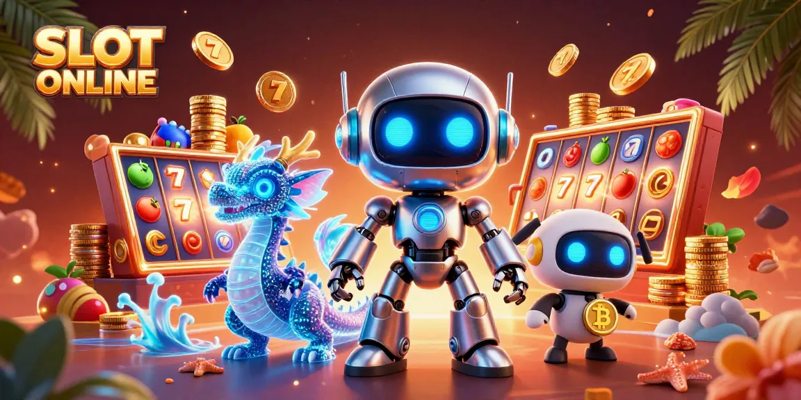 Mainkan SLOT ONLINE dengan berbagai simbol buah dan jackpot yang berkilau, sambil dikelilingi robot futuristik.