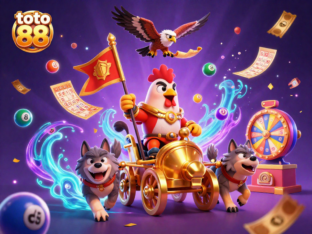 Experience the excitement of toto 88 with vibrant visuals of a rooster warlord and dynamic lottery elements.