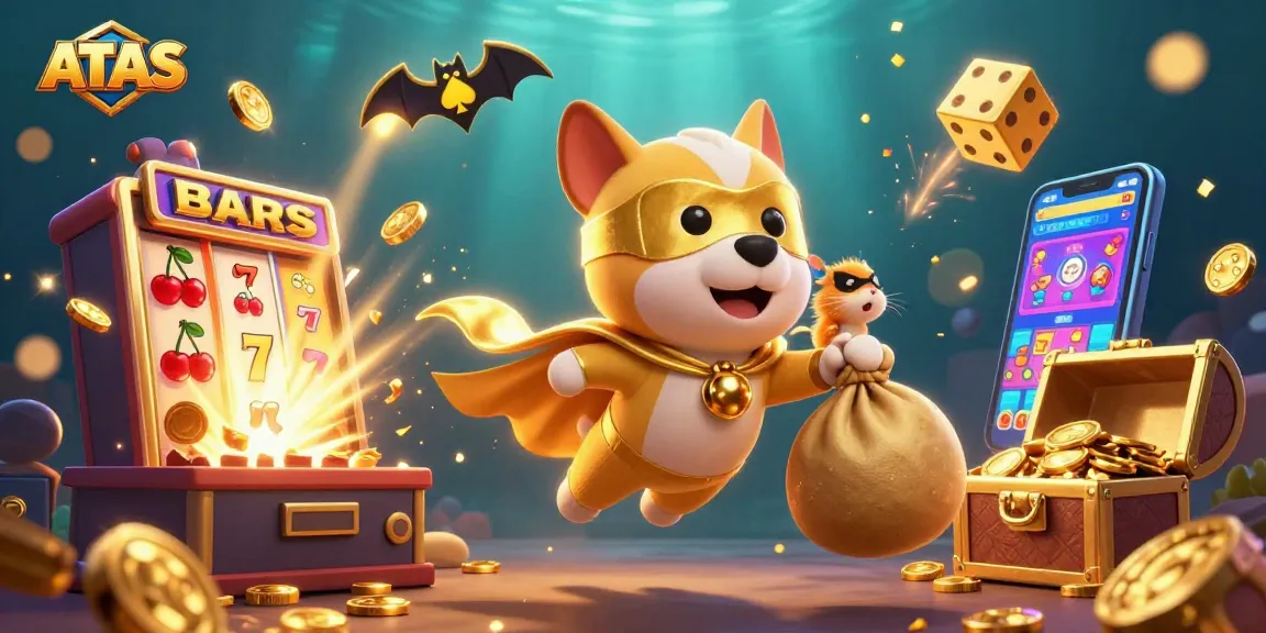 Engage with ATAS, featuring a superhero dog and slot machine amidst casino excitement.