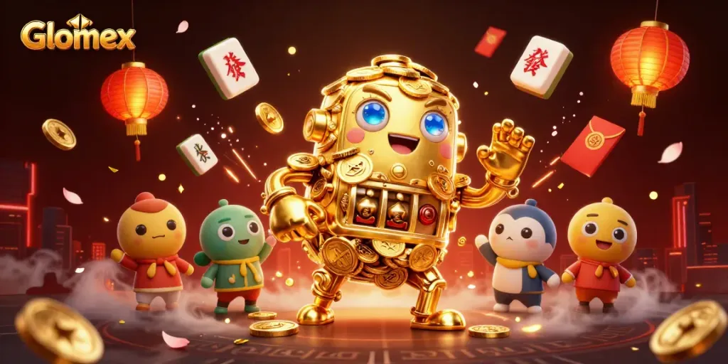 Feel the thrill with Glomex's golden golem in a vibrant casino scene, inviting gamers to win big.