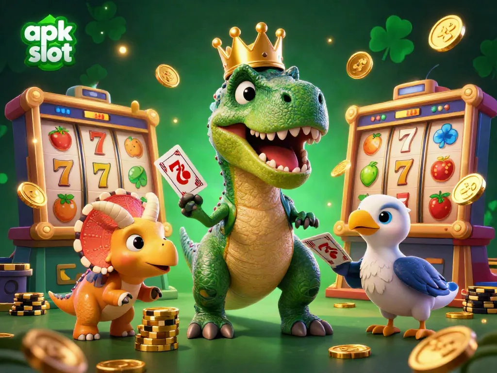Karakter 3D lucu bermain slot dengan elemen emas dan latar belakang berkilau, apk slot yang menarik.