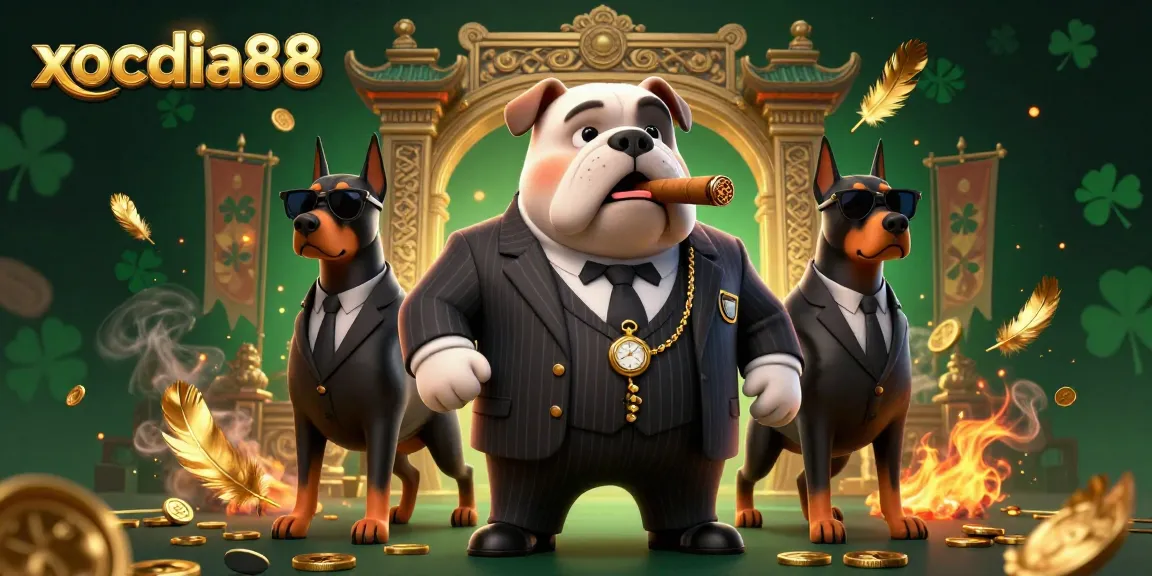 Xocdia88 gaming scene with a mafia bulldog and Doberman bodyguards surrounded by casino elements.