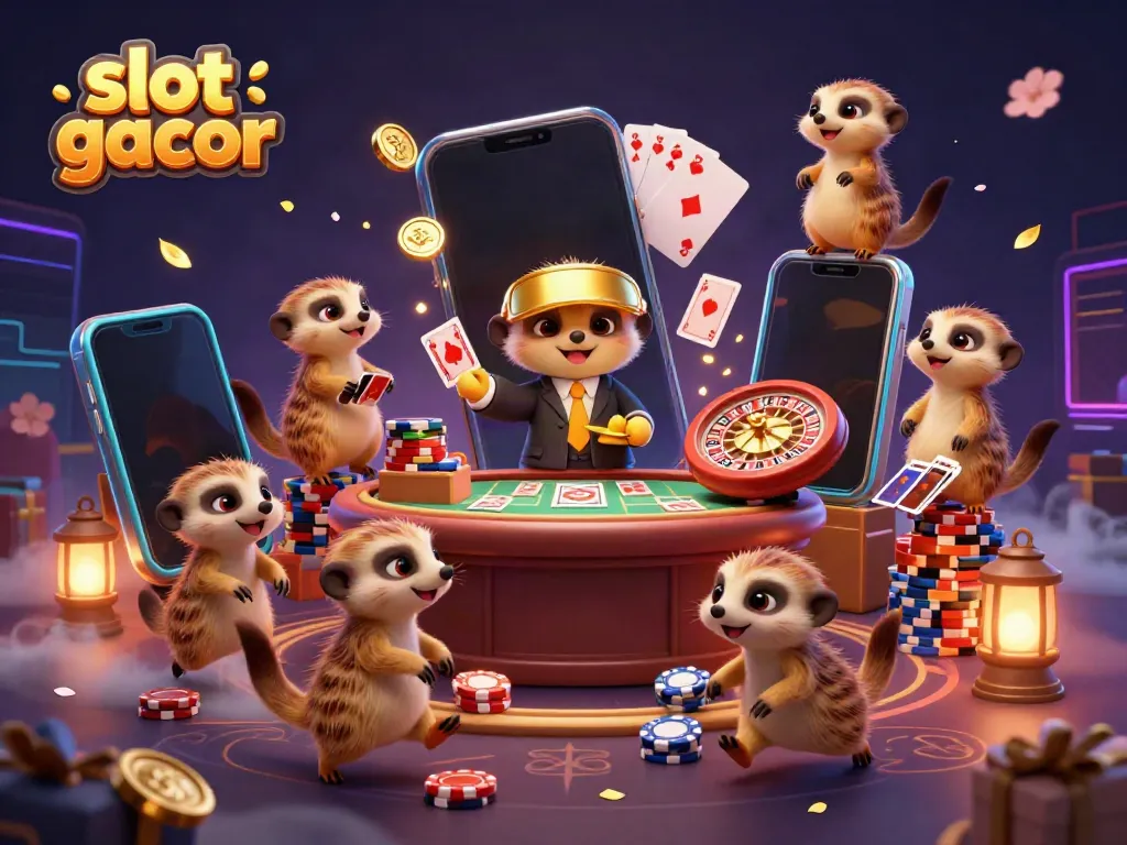 Slot gacor: Koloni meerkat menjalankan kasino dengan suasana yang meriah di ilustrasi 3D.