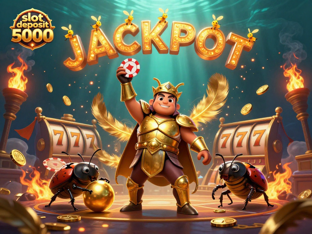 Experience thrilling wins with slot deposit 5000 in this vibrant casino scene featuring dynamic characters and rich details.