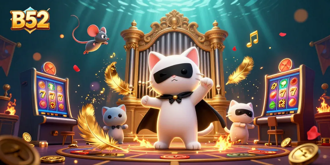 B52-themed casino illustration showing a phantom cat and mouse acrobat amidst lively slot game elements.