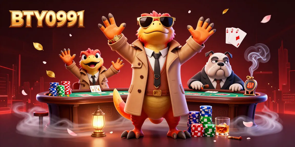 Engage in high-stakes poker at BTY0991 with raptors in disguise and a bulldog bouncer.