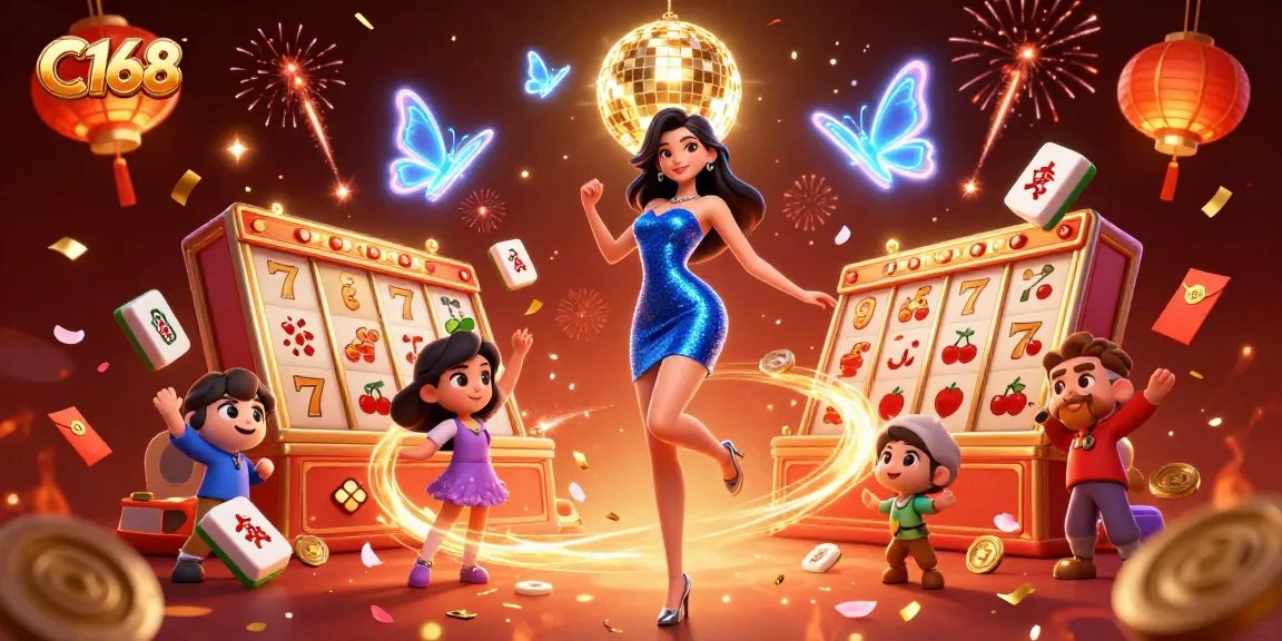 C168 celebrates with a glamorous woman amidst dynamic slot reels and festive elements, showcasing excitement.
