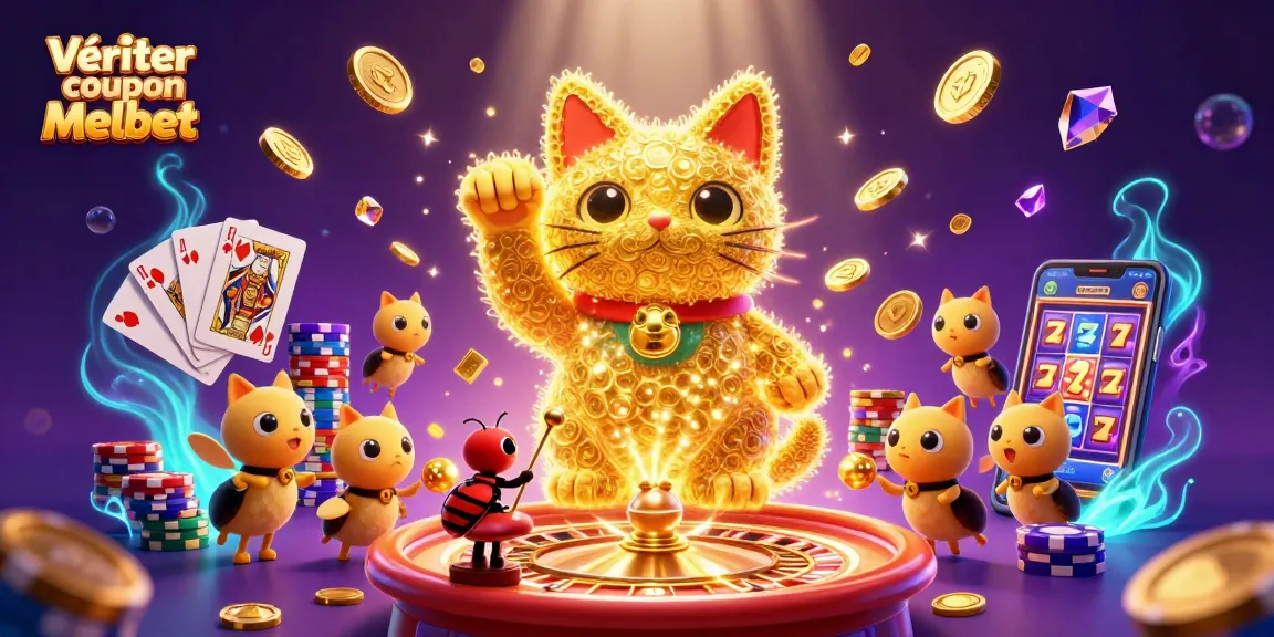 Vérifier coupon Melbet avec un chat porte-bonheur et des symboles de casino scintillants.