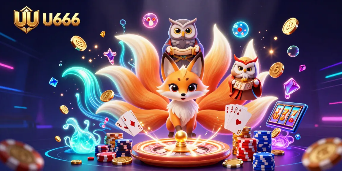 Engage with UU666's vibrant 3D illustration showcasing animated casino elements with a mystical nine-tailed fox.