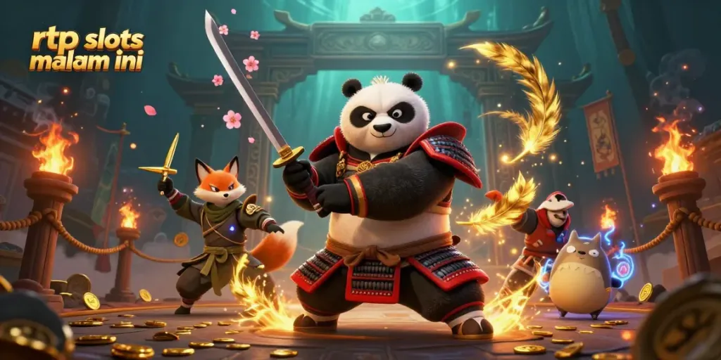 Engage with rtp slots malam ini featuring a fierce samurai panda and ninja fox amidst dynamic casino elements.
