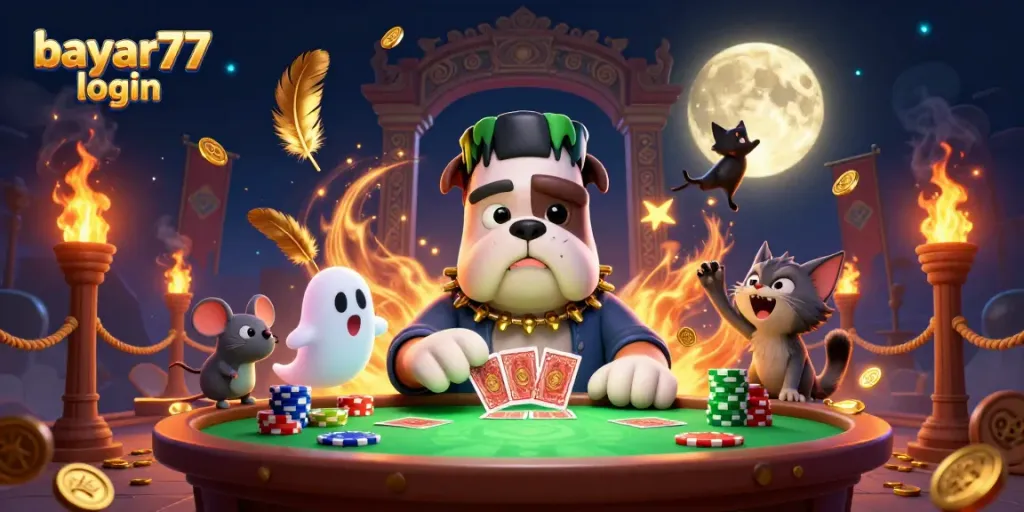 Engage in thrilling gameplay with the vibrant scene of a 3D cartoon Frankenstein bulldog and companions, promoting bayar77 login.