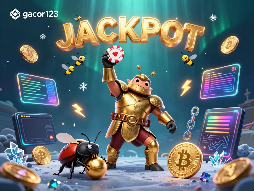 Experience thrilling wins at gacor123 with a heroic beetle celebrating a big jackpot.
