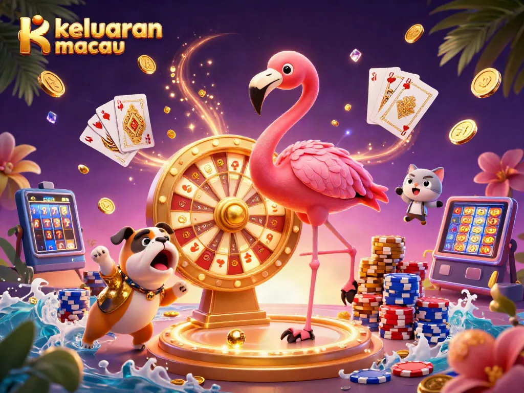 Menampilkan keluaran macau dengan host flamingo dan bulldog, harta karun berkilau meriah.