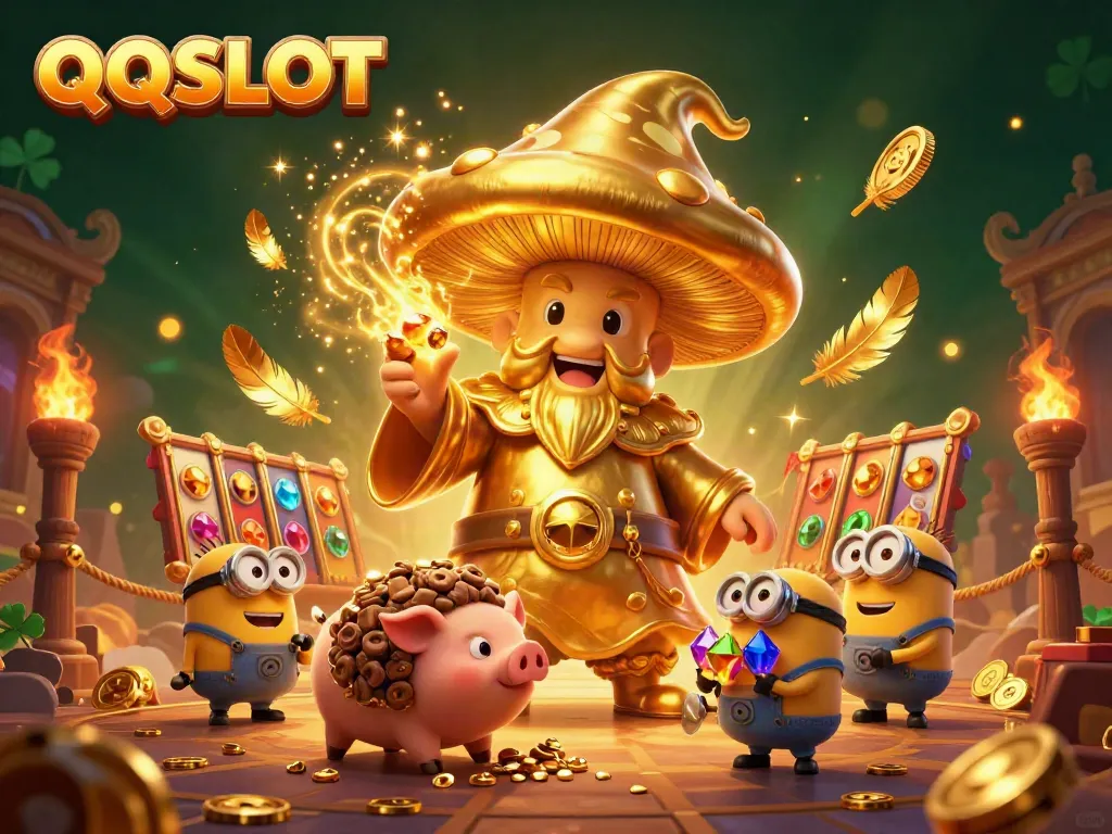 Engage with QQSLOT through a magical scene of a mushroom wizard and treasure-hunting pig in a dynamic casino setting.