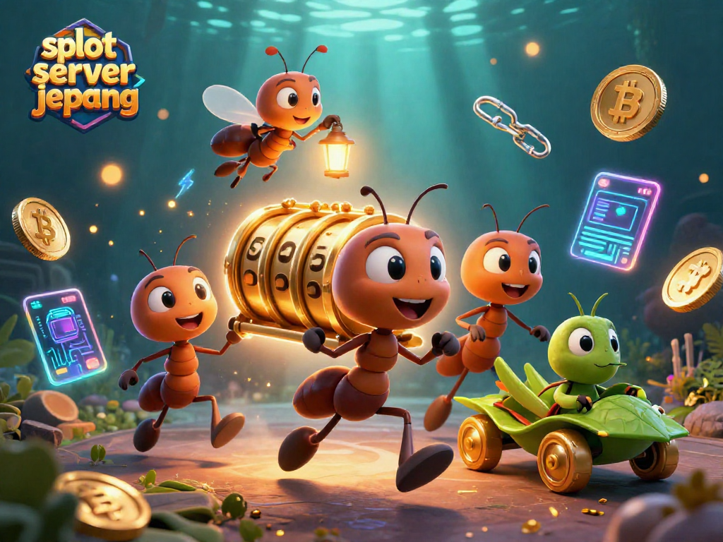 Engage with slot server jepang as ants orchestrate a casino heist showcasing colorful coins and vibrant gaming elements.