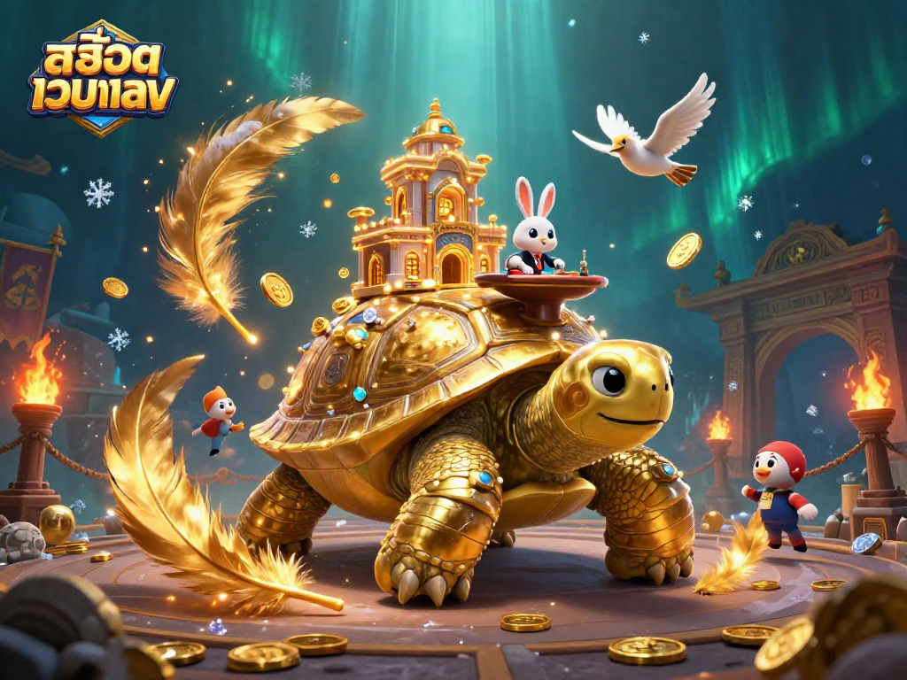 Engage with สล็อตเว็บตรง in a vibrant 3D casino scene featuring an animated tortoise and rabbit dealer.