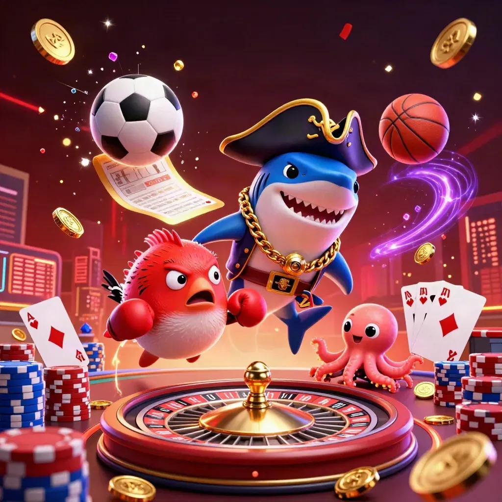 Pirate shark, pufferfish boxer, and baby octopus amid coins, cards, and casino lights.