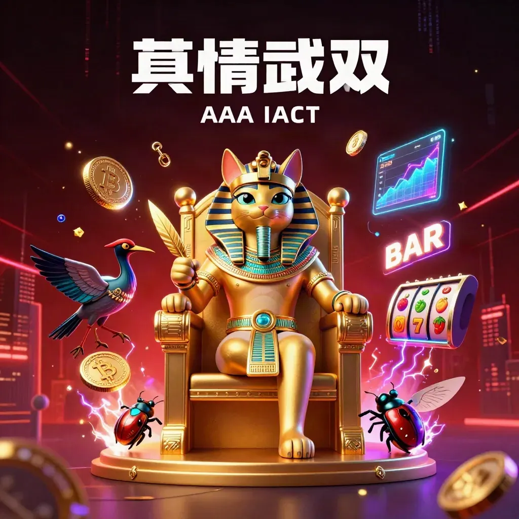 Pharaoh cat, ibis scribe, and gem-winged scarabs burst from a neon casino throne scene.