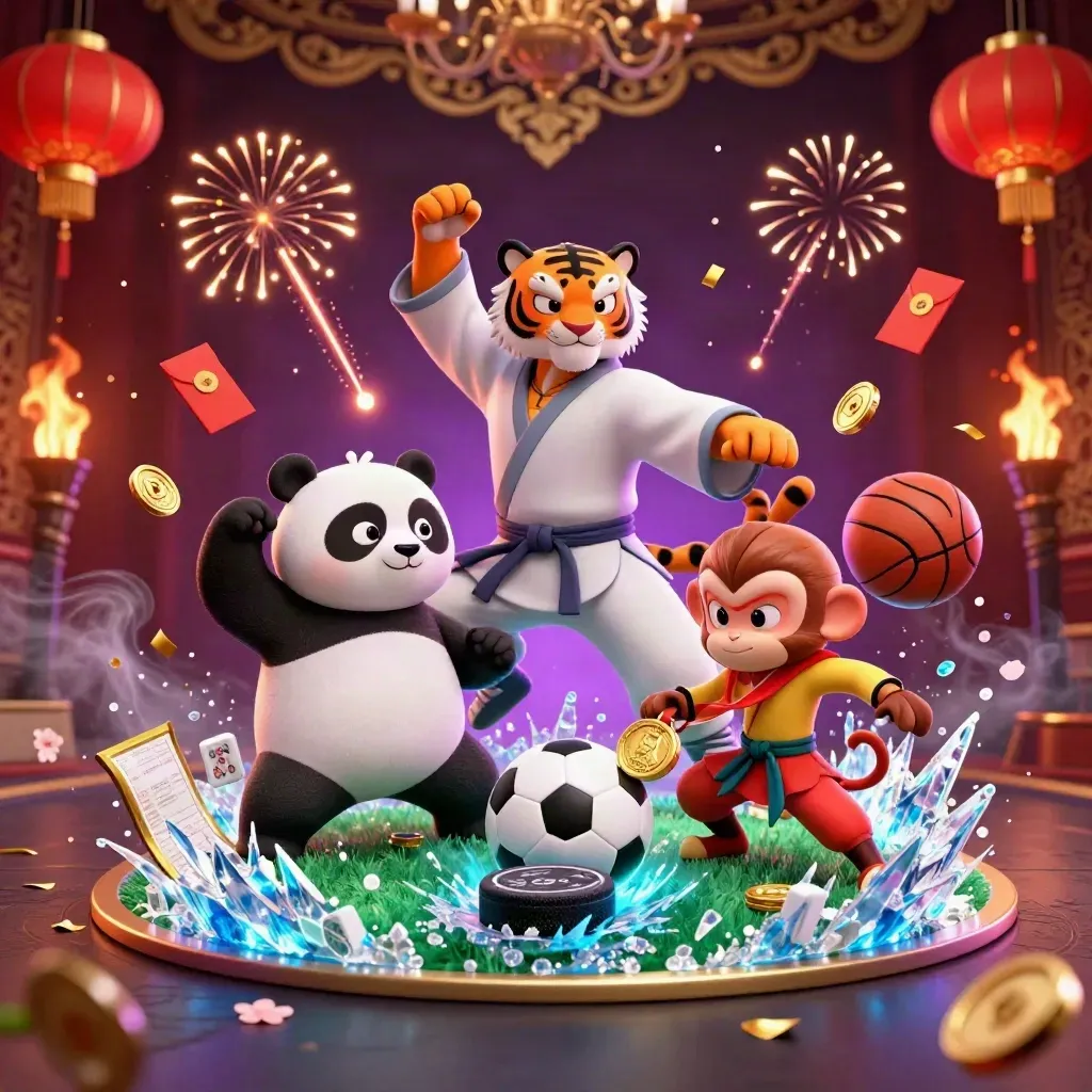 Kung-fu tiger, panda, and monkey clash amid sports gear, coins, lanterns, and casino glow.
