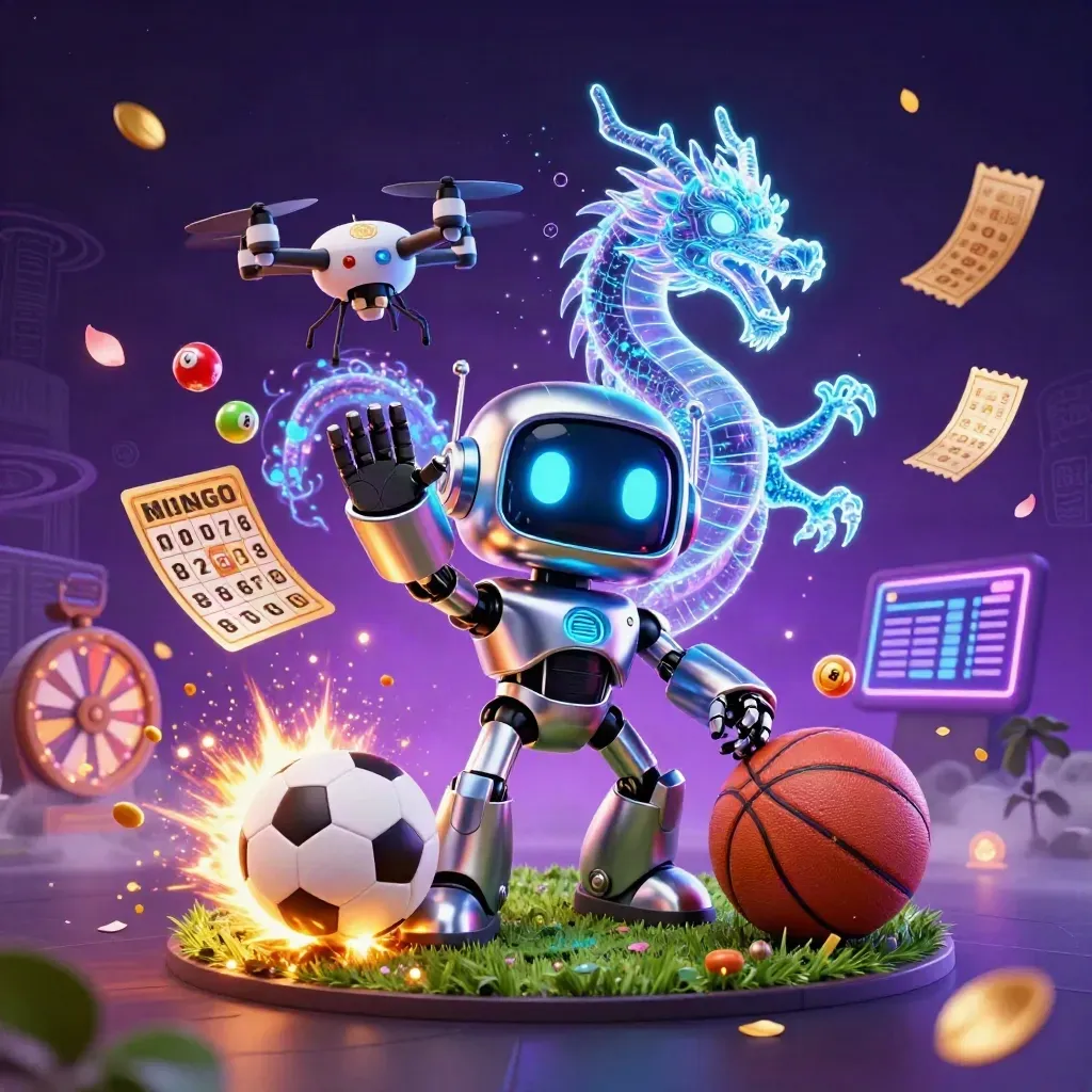 Cyberpunk robot, holographic dragon and drone amid neon casino sports icons and flying sparks