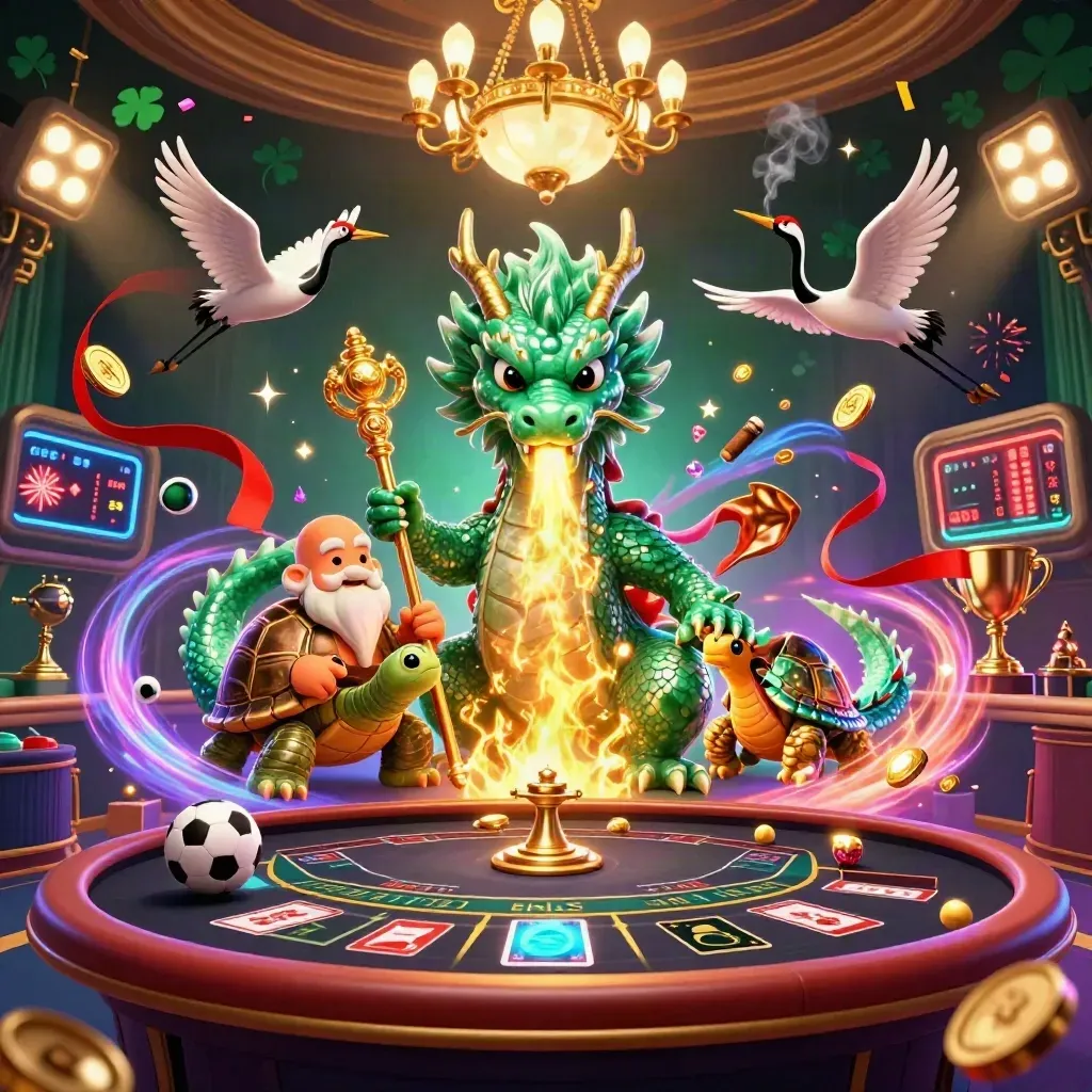 Emerald dragon, turtle sage, and cranes amid casino lights, coins, fire, and neon effects.
