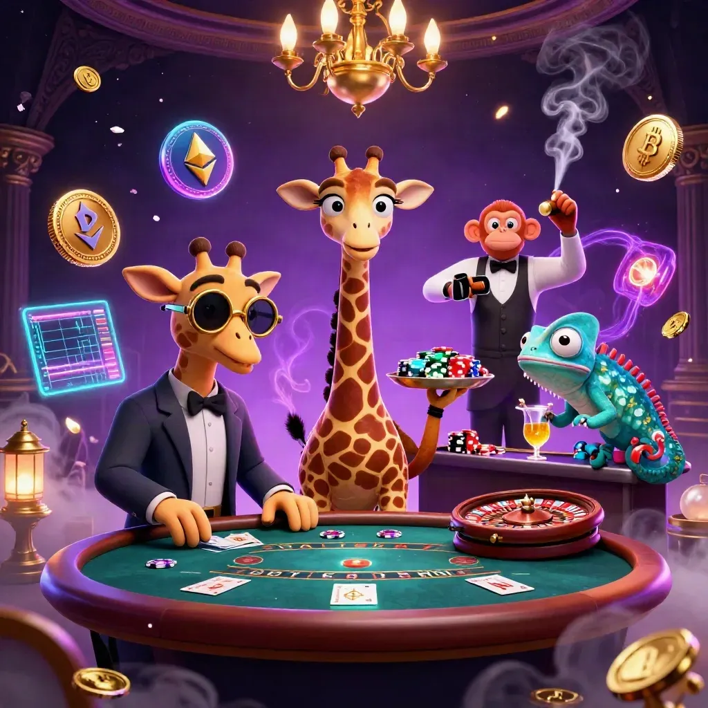 Giraffe, monkey, and chameleon in a neon casino room with coins, fog, and a spinning roulette wheel