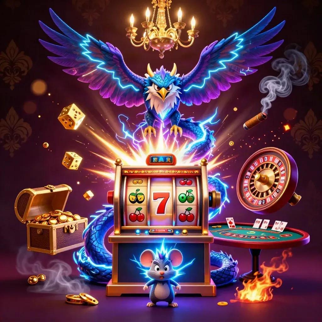 Thunder dragon, wind hawk, and mouse in a lavish neon casino scene with slot burst and gold