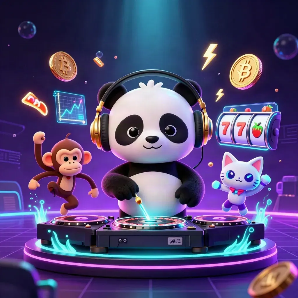 DJ panda, monkey and glow-stick kitten spin roulette decks amid neon coins and cyan casino glow.