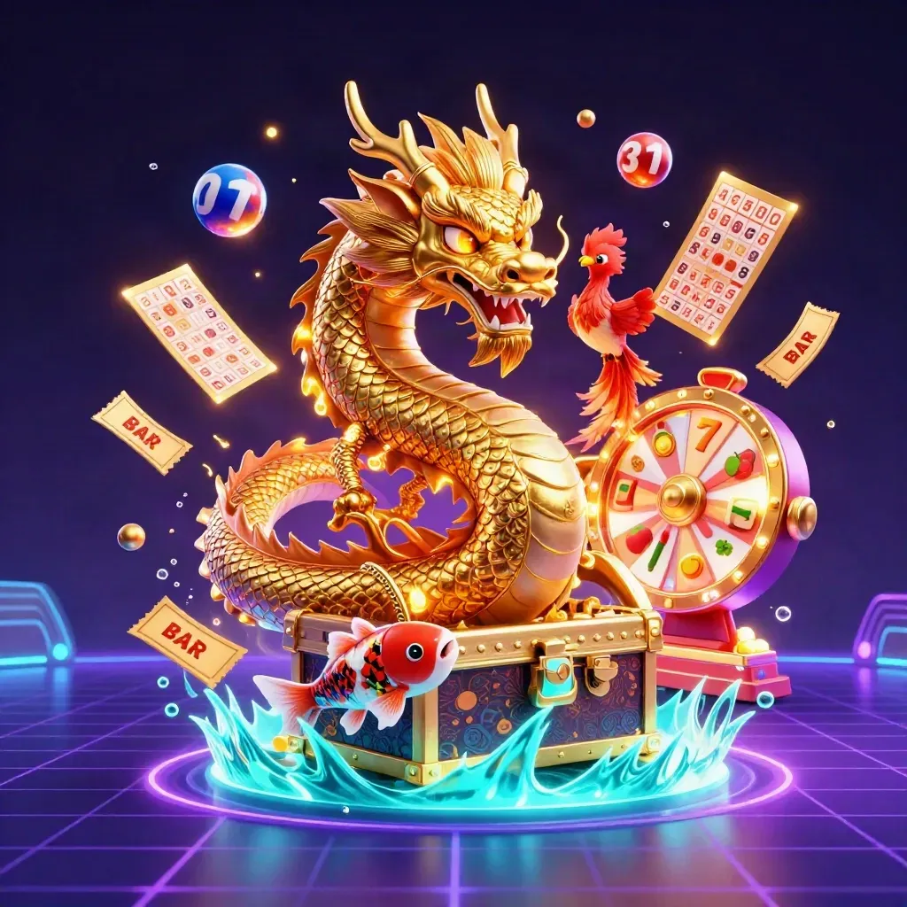 Golden dragon, phoenix, koi and casino loot bursting in neon cyan over a dark futuristic grid.