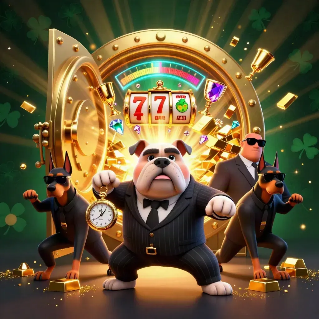 Bulldog mob boss and Doberman guards burst from a gold vault amid gems, reels, and casino loot.