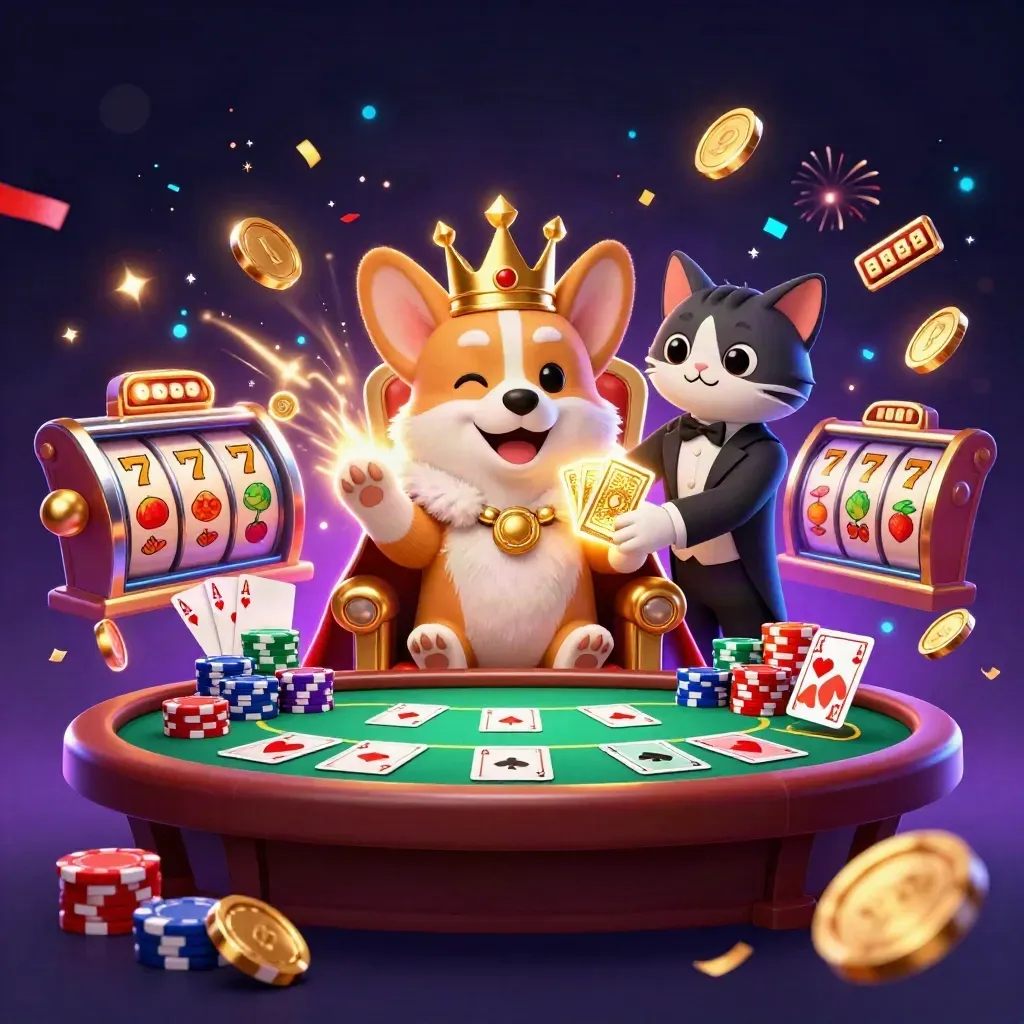Royal corgi king and cat butler amid coins, chips, fireworks, and slot symbols on a neon casino splash screen.