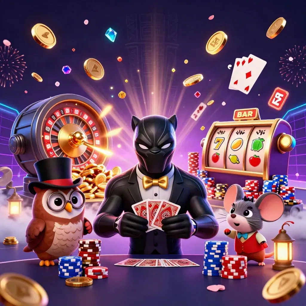 Panther, owl, and mouse celebrate amid coins, cards, chips, reels, and neon fireworks.